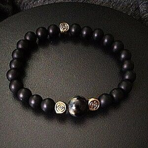 Rustic Unisex Goth ~ Black + Bronze Beaded Stretch Bracelet - Fits 7-7.5" Wrists